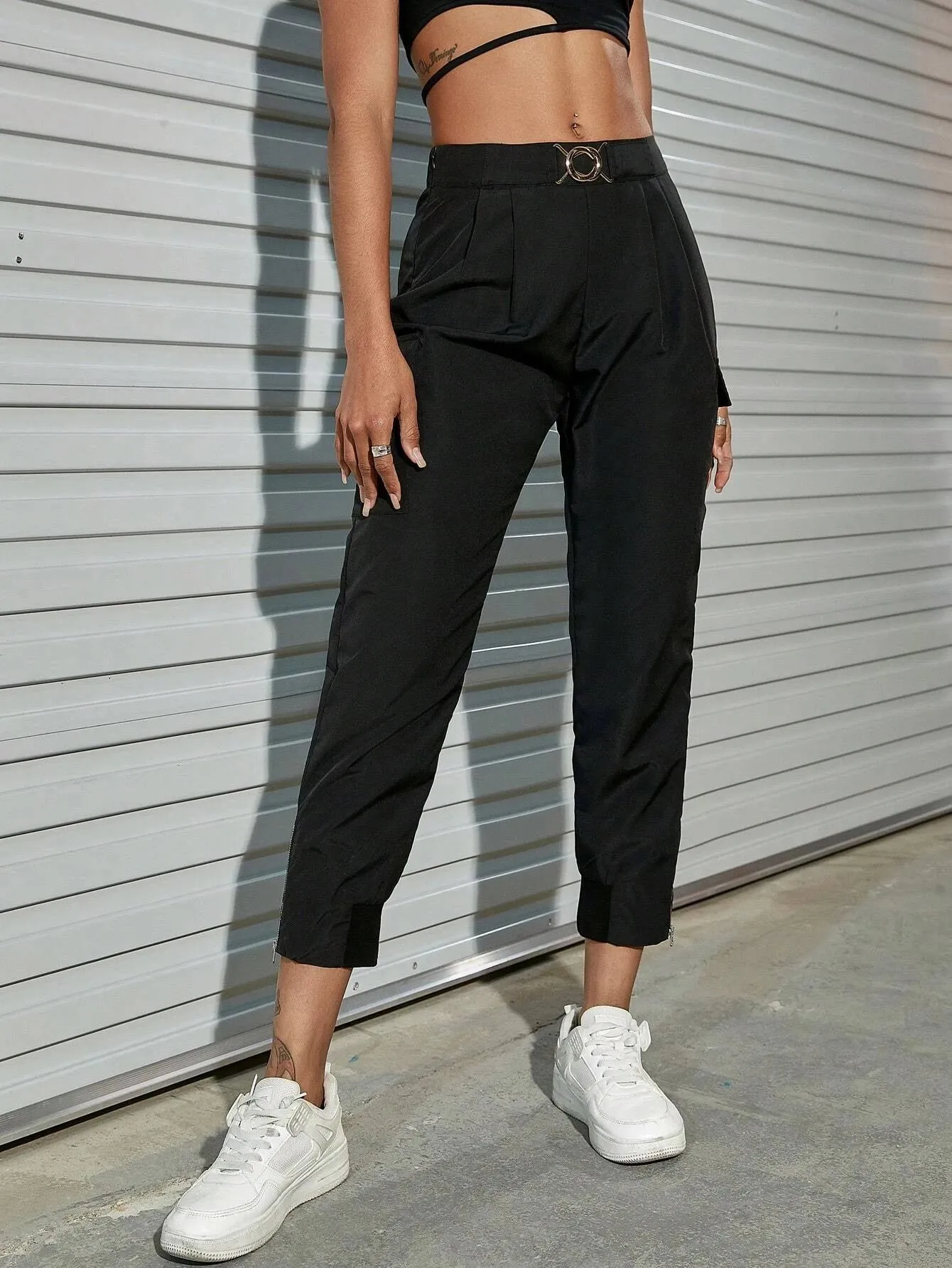 Solid Color Flap Pocket Side Buckle Cargo Pants