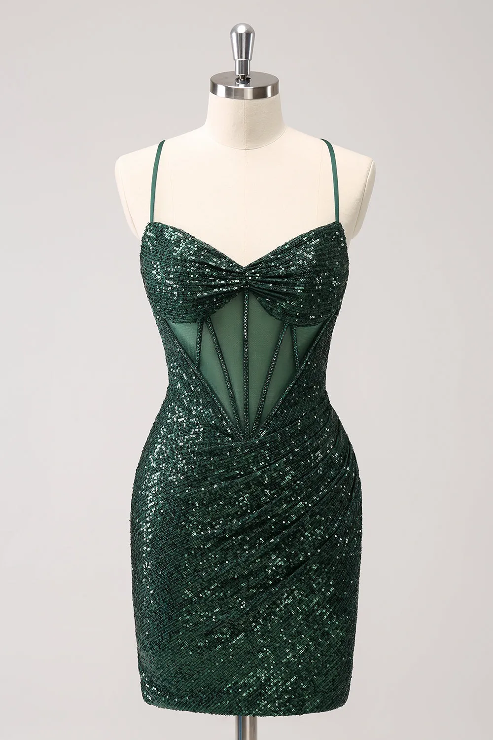 Sparkly Unique Dark Green Tight Sequin Corset Homecoming Dress with Lace Up Back