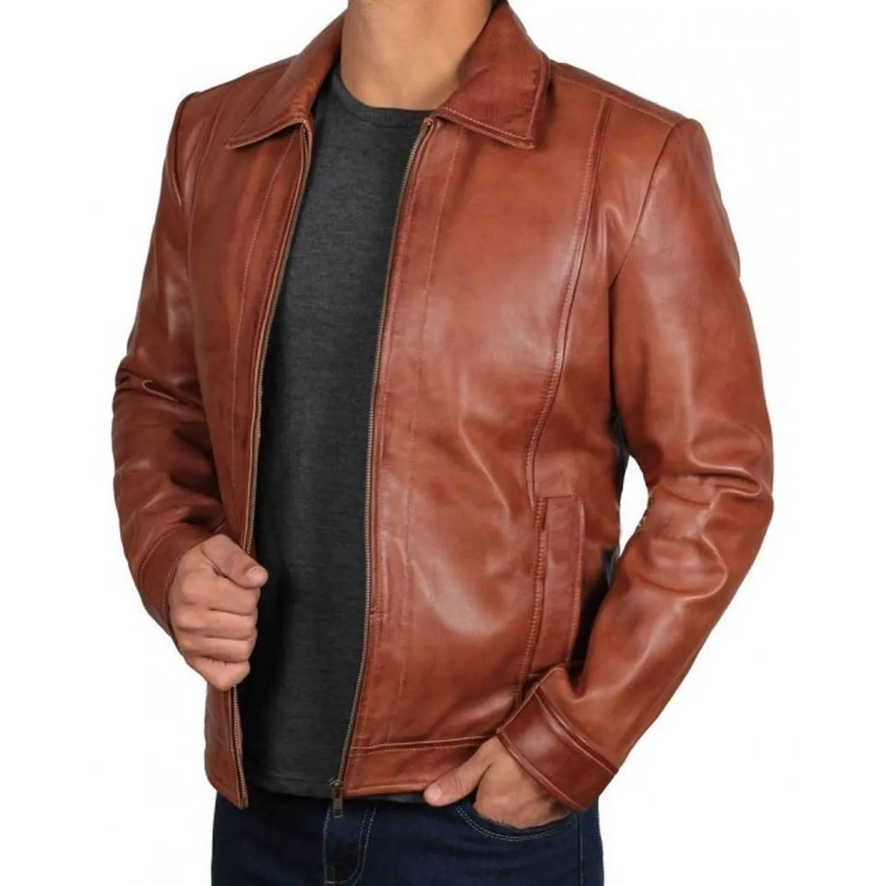 Stylish Biker Brown Leather Jacket For Men