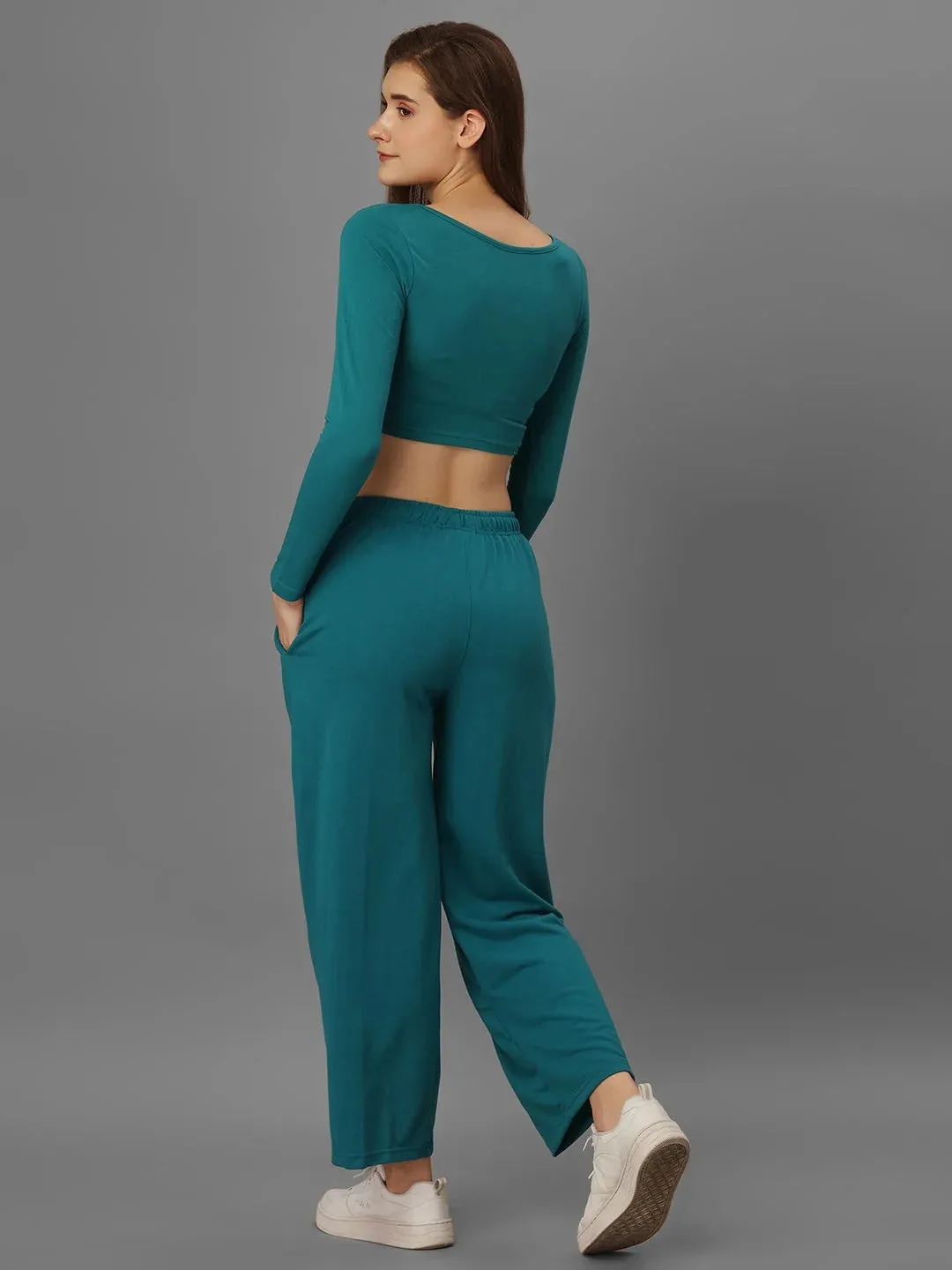 SXV Basic CO-ORDS set : Tealgreen longsleeve Corset Croptop And Trouser Combo