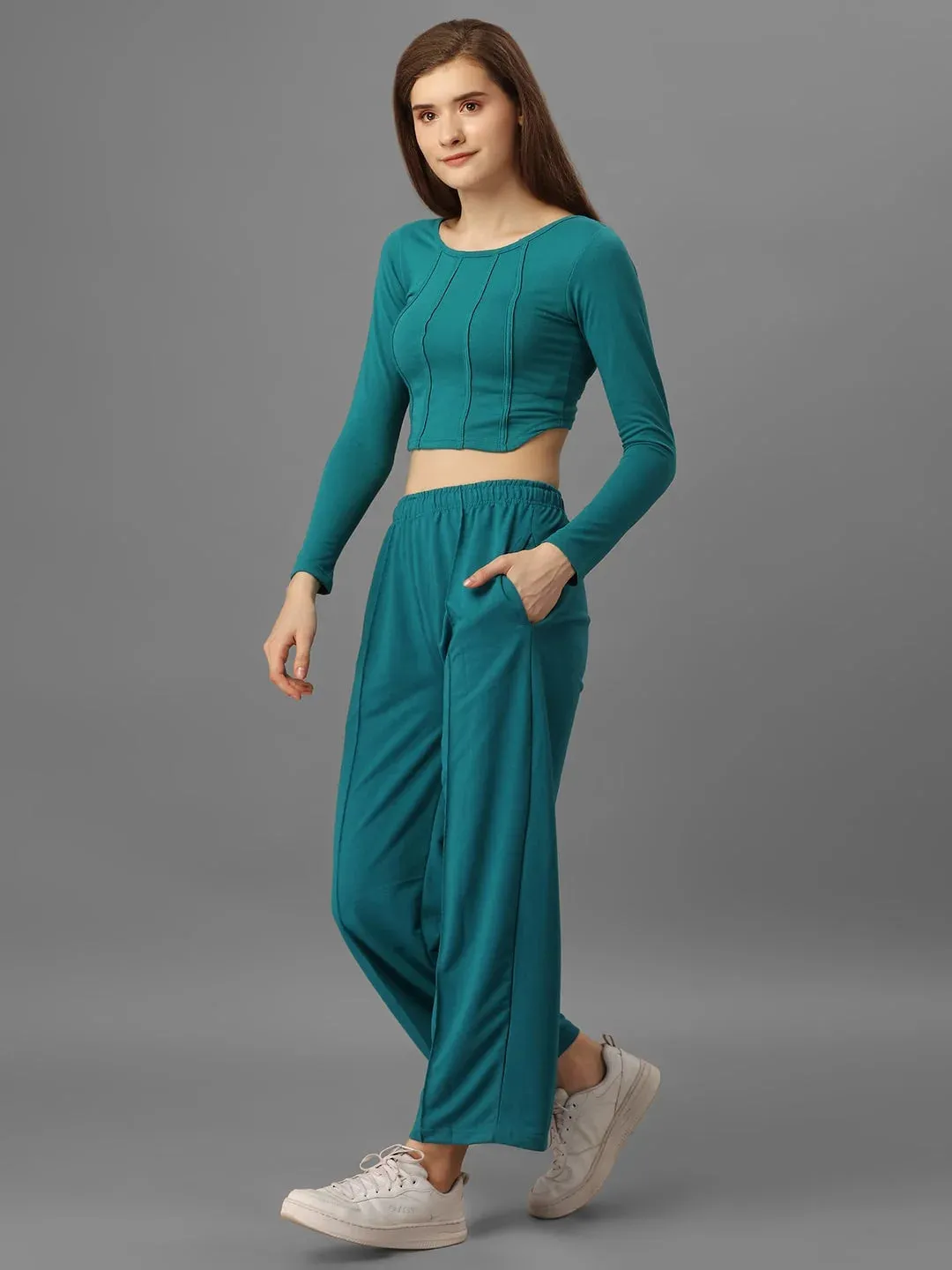 SXV Basic CO-ORDS set : Tealgreen longsleeve Corset Croptop And Trouser Combo