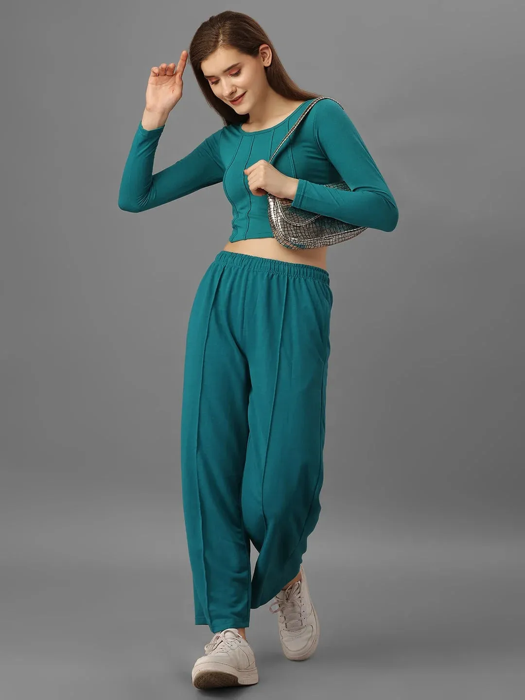 SXV Basic CO-ORDS set : Tealgreen longsleeve Corset Croptop And Trouser Combo