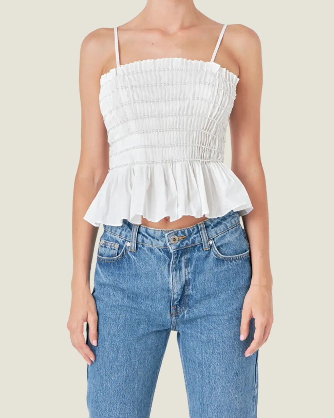 The Mara: White Sleeveless Beaded Top