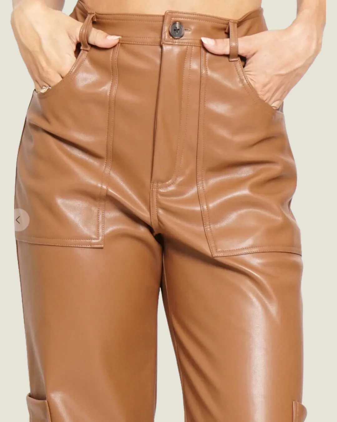 The Regan: Camel Faux Leather Cargo Pants