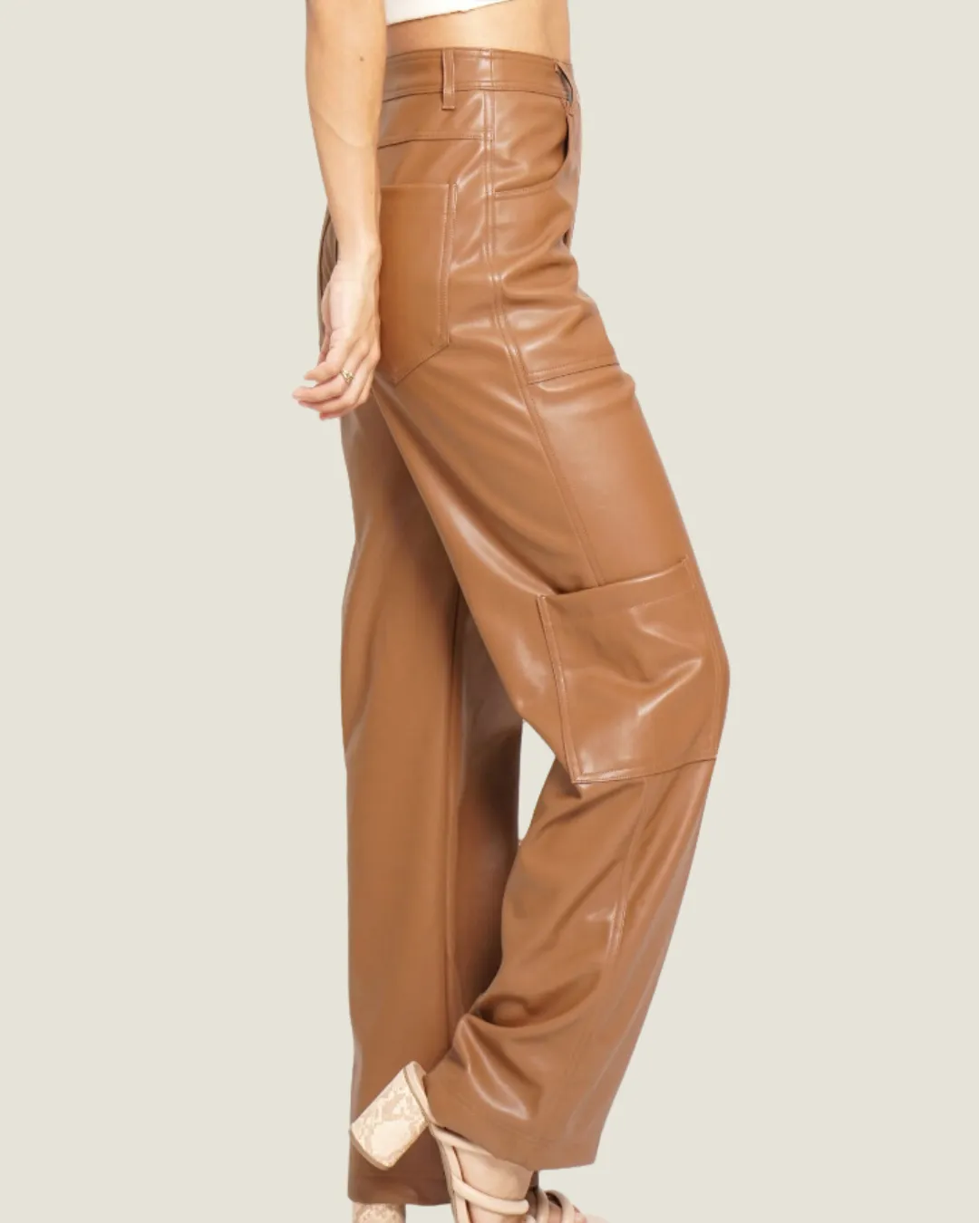 The Regan: Camel Faux Leather Cargo Pants