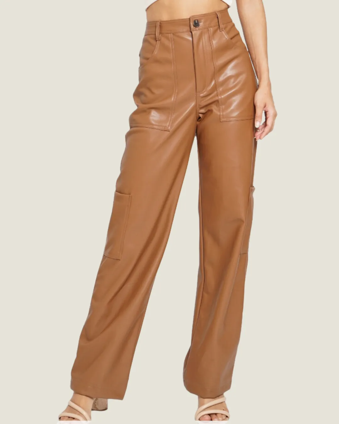 The Regan: Camel Faux Leather Cargo Pants