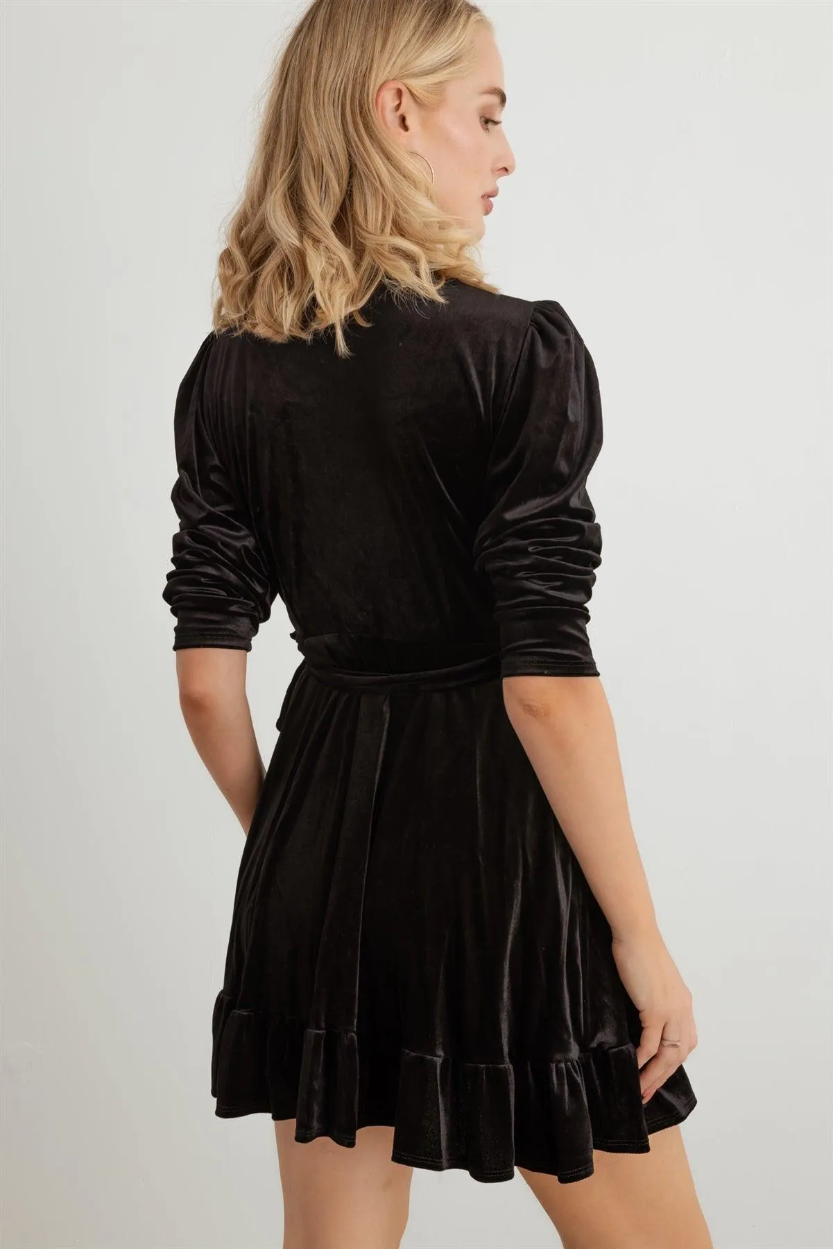 Velvet Midi Sleeve Wrap Tie Mini Dress