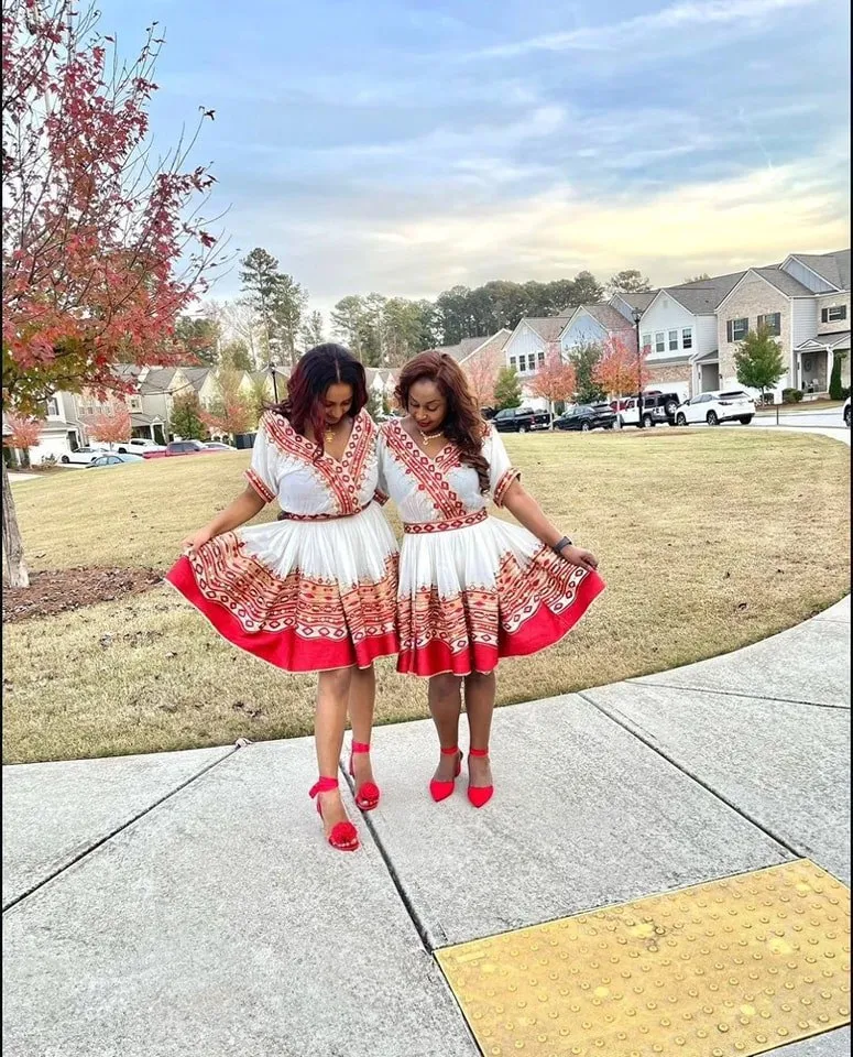 Vibrant Red Ethiopian Traditional Dress: Modern Mini Habesha Dress for Graduation, Birthdays or Other Grand Events Habesha Kemis