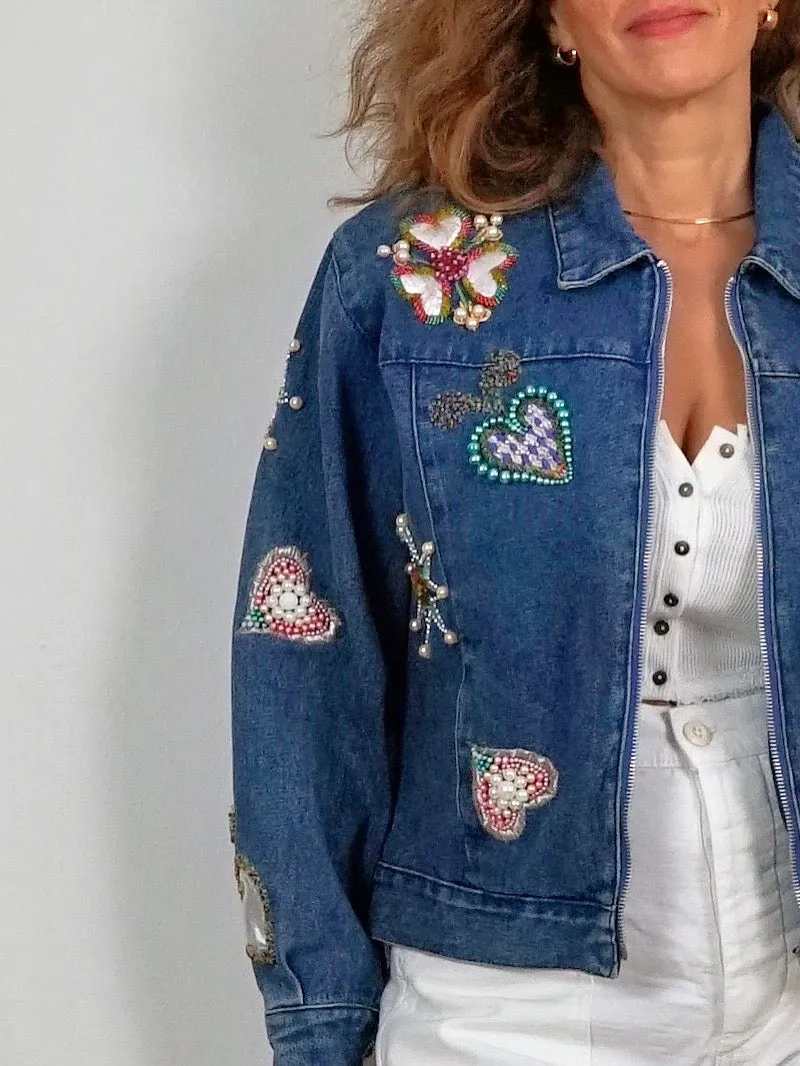 Vintage Bedazzled Heart Denim Jacket