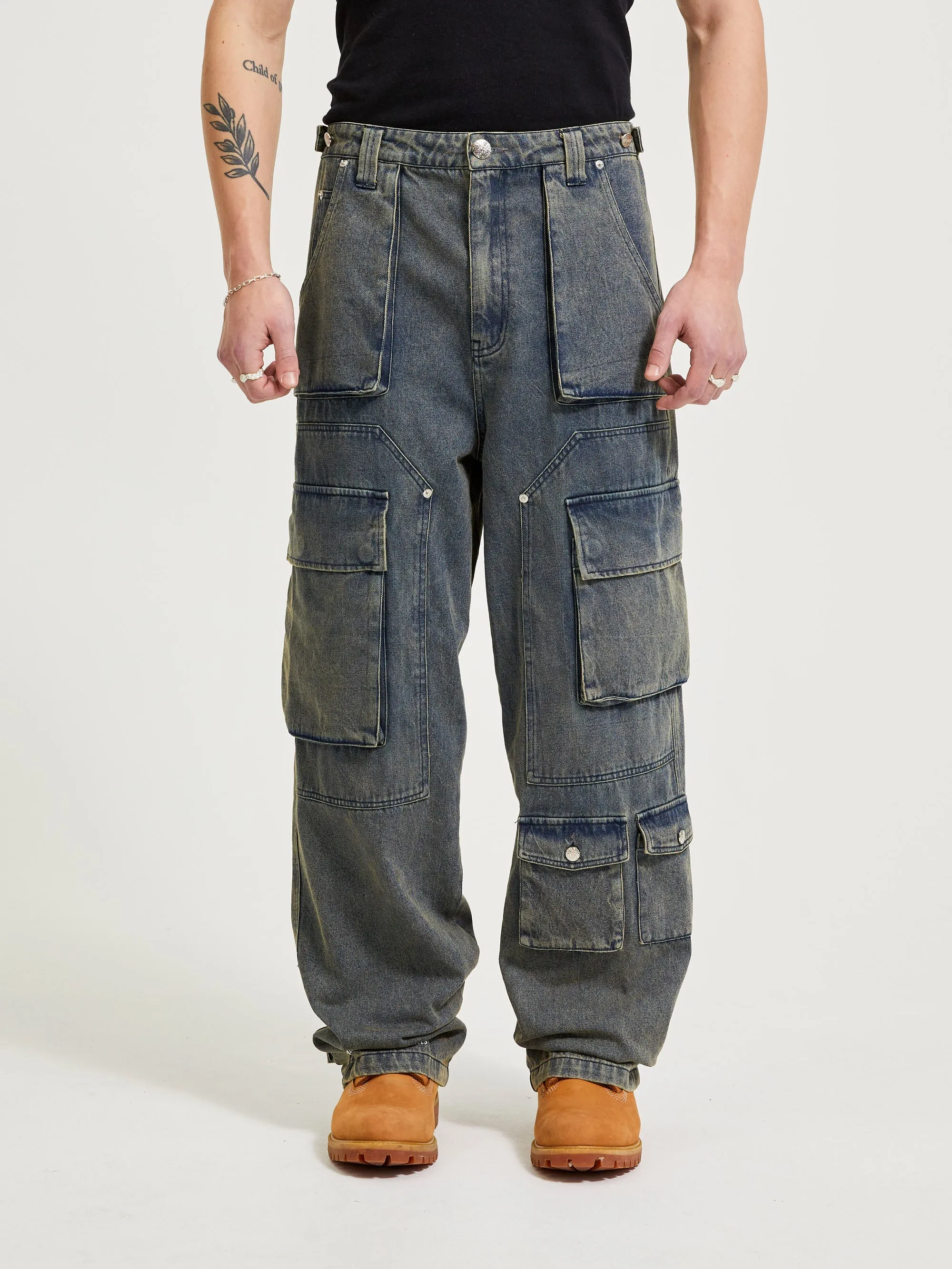 WASHED CARGO PANTS LIGHT BLUE