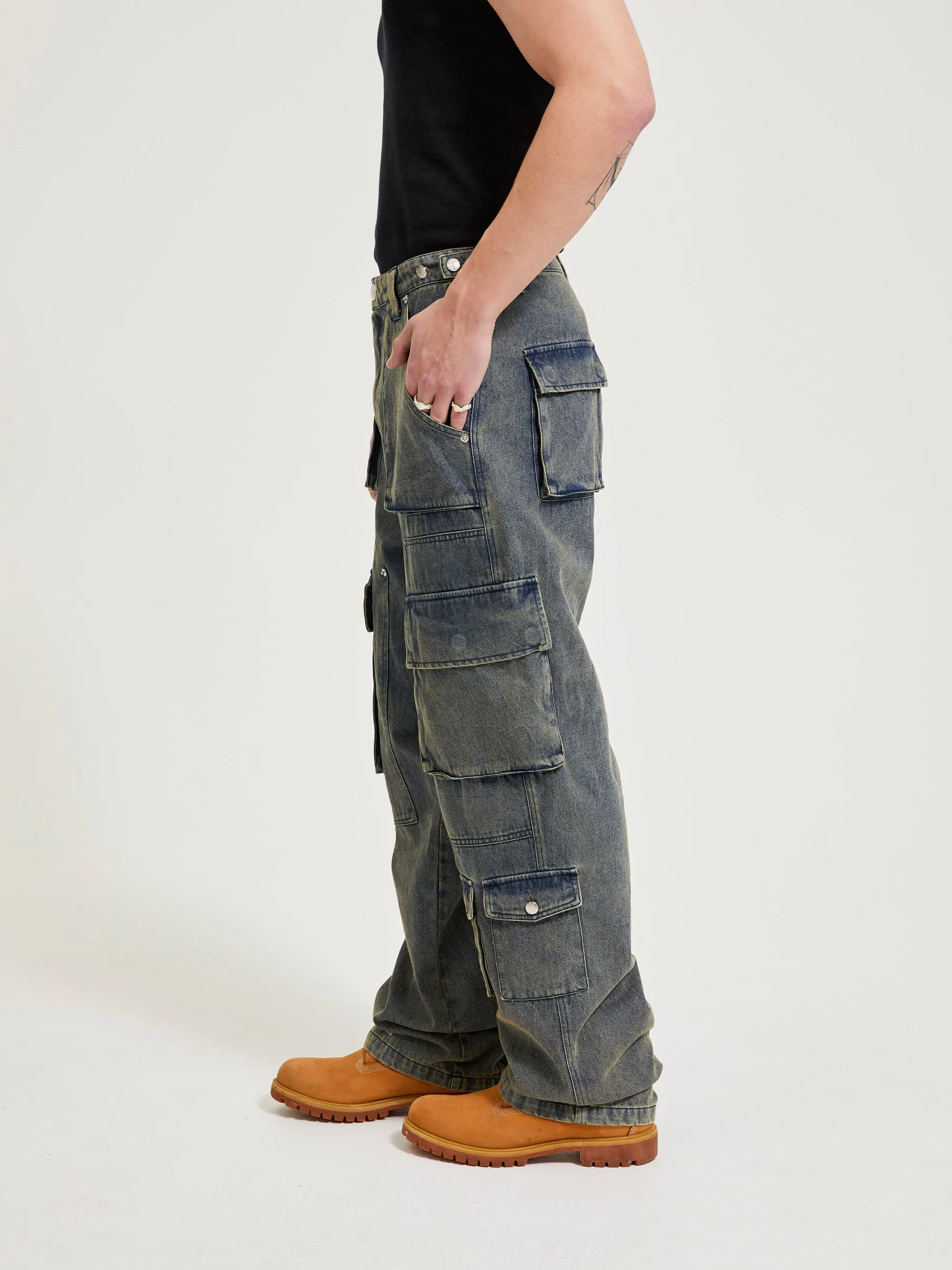 WASHED CARGO PANTS LIGHT BLUE