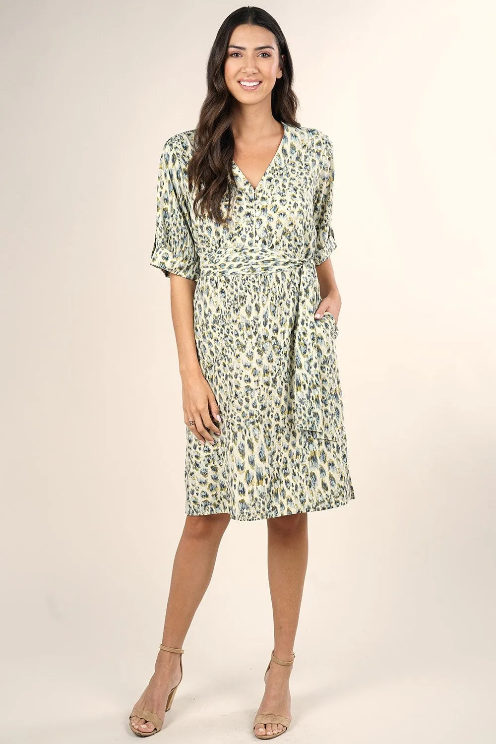 Watercolor Animal Print Elbow Sleeves Midi Dress