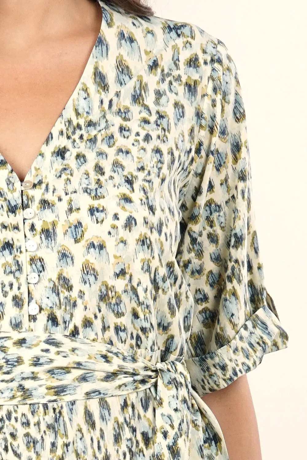 Watercolor Animal Print Elbow Sleeves Midi Dress
