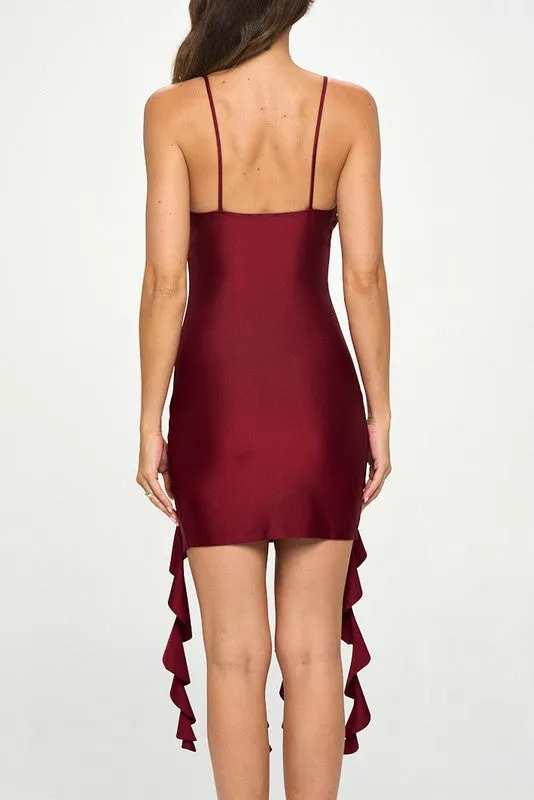 Wine Cowl Neck Ruffle Detail Mini Dress