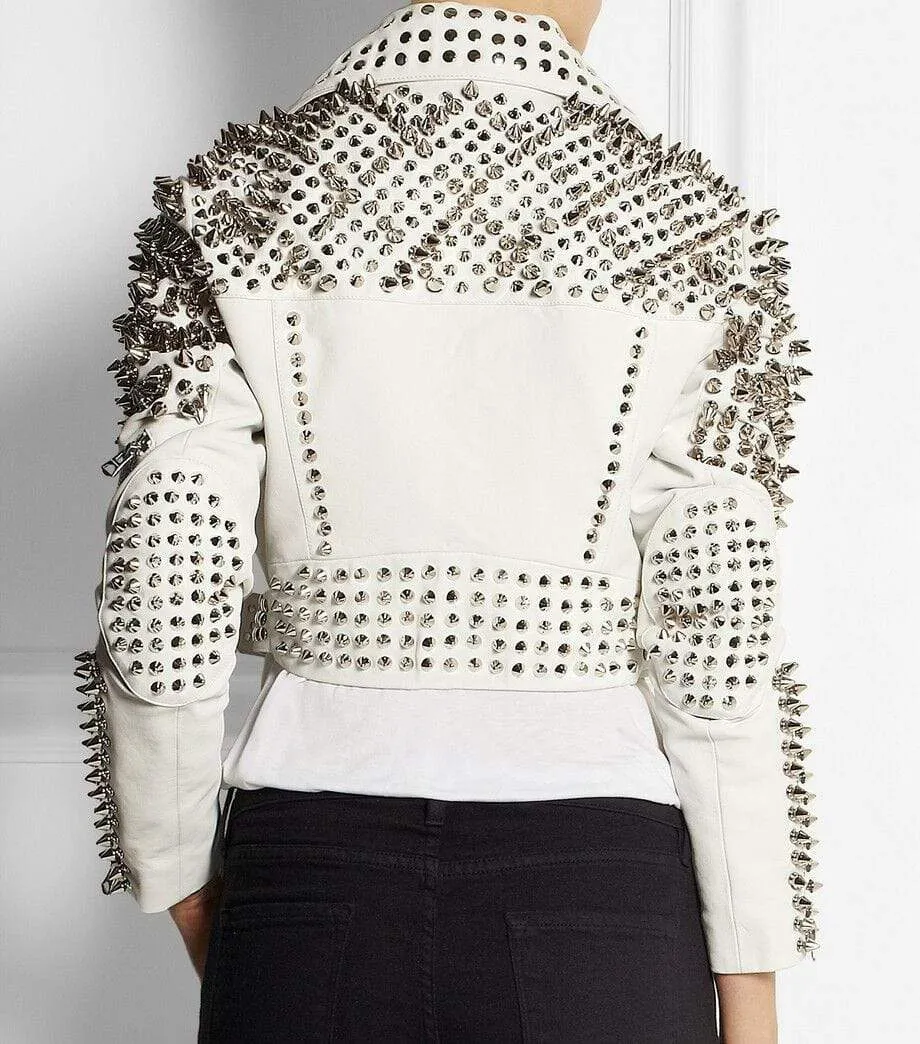 Woman Full White Punk Brando Spiked Studded Leather Jacket