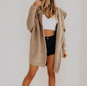 Women long sleeve solid color knitted hooded cardigan