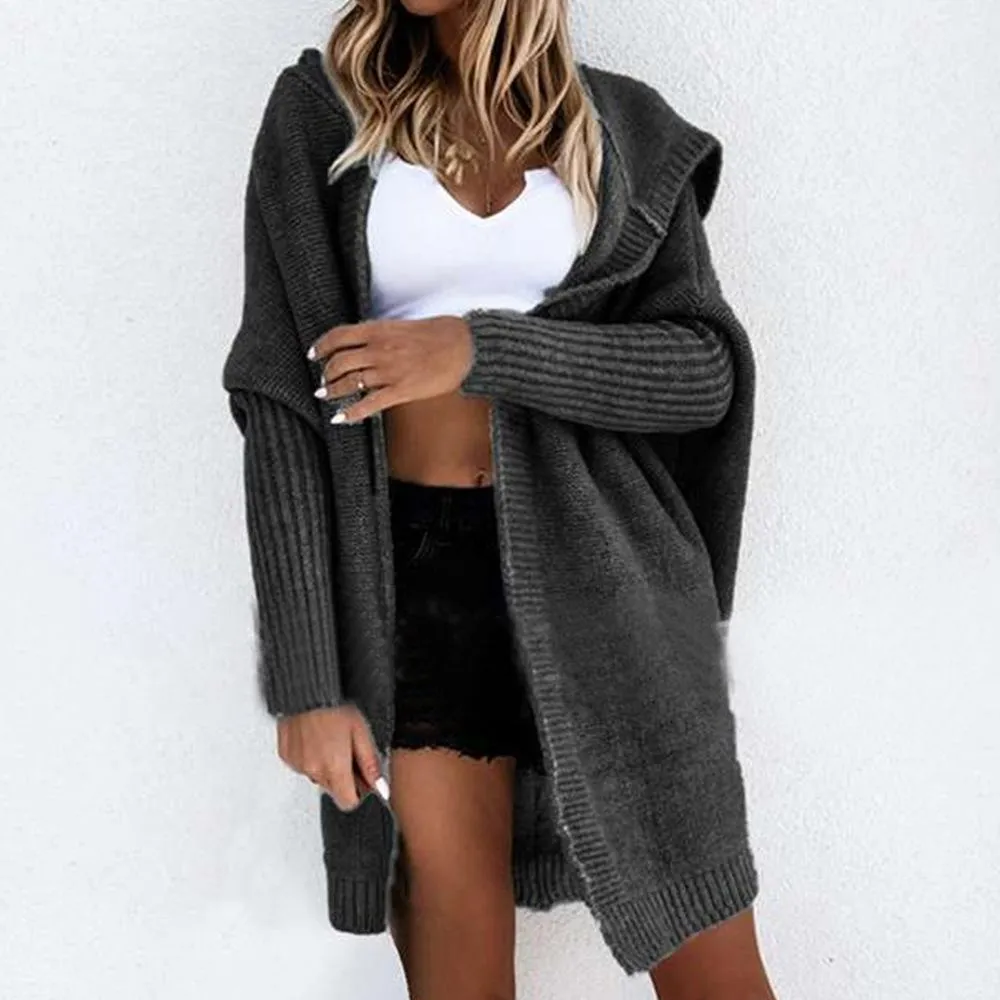 Women long sleeve solid color knitted hooded cardigan