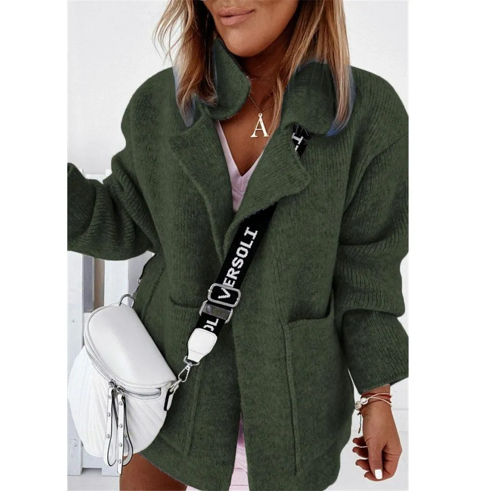 Women long sleeve v neck solid color pocket knitted cardigan