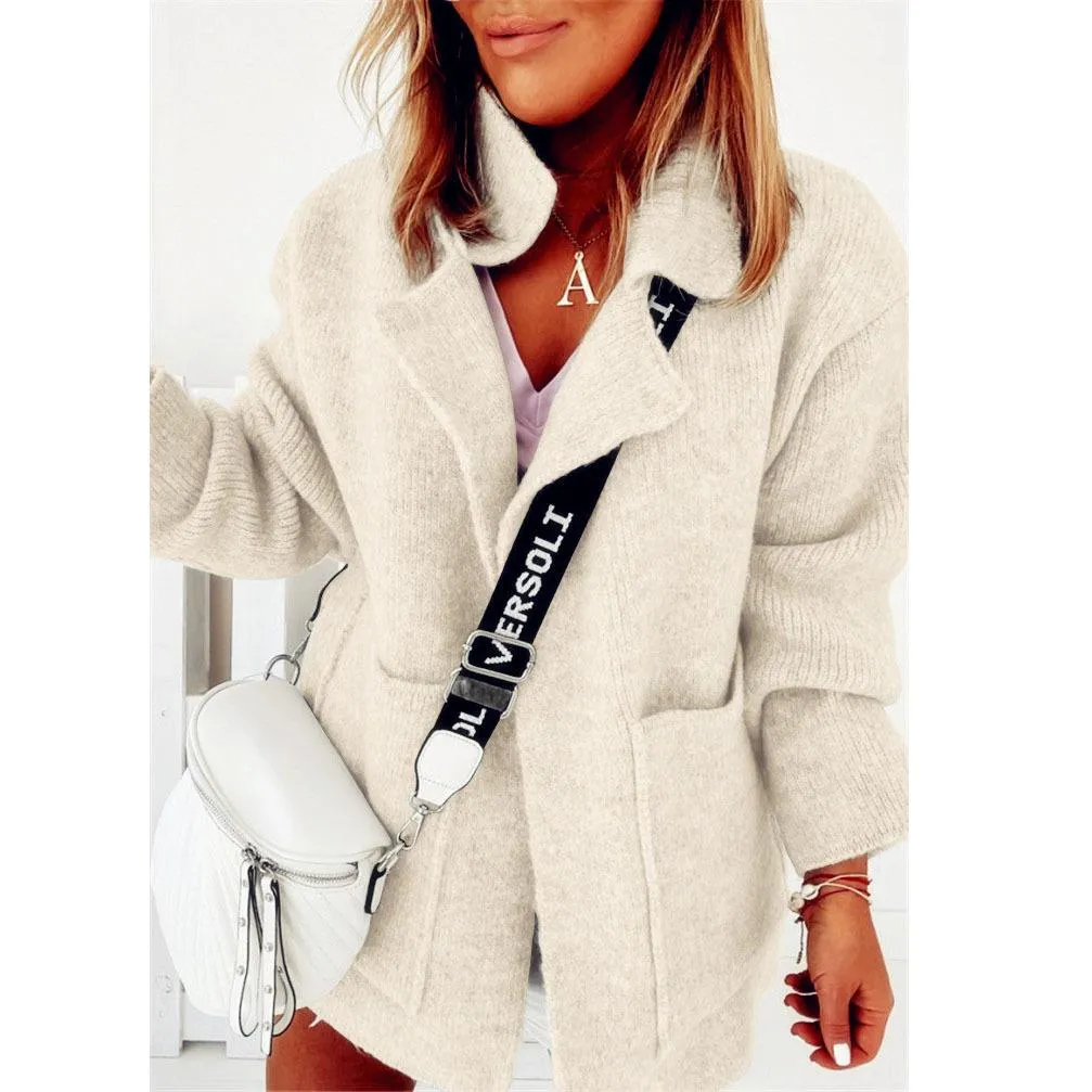 Women long sleeve v neck solid color pocket knitted cardigan