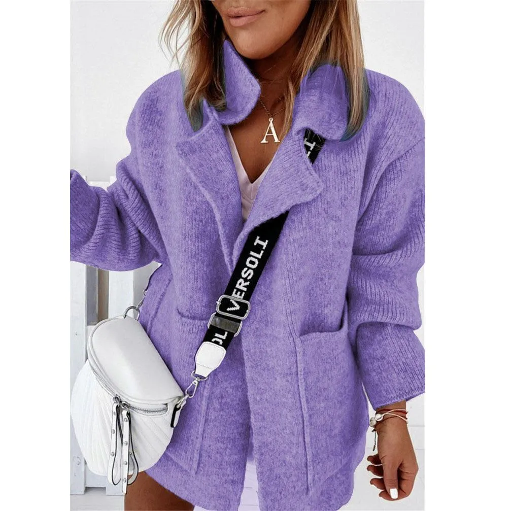 Women long sleeve v neck solid color pocket knitted cardigan