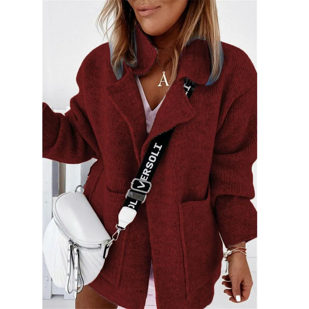 Women long sleeve v neck solid color pocket knitted cardigan