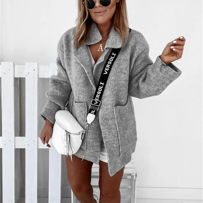 Women long sleeve v neck solid color pocket knitted cardigan