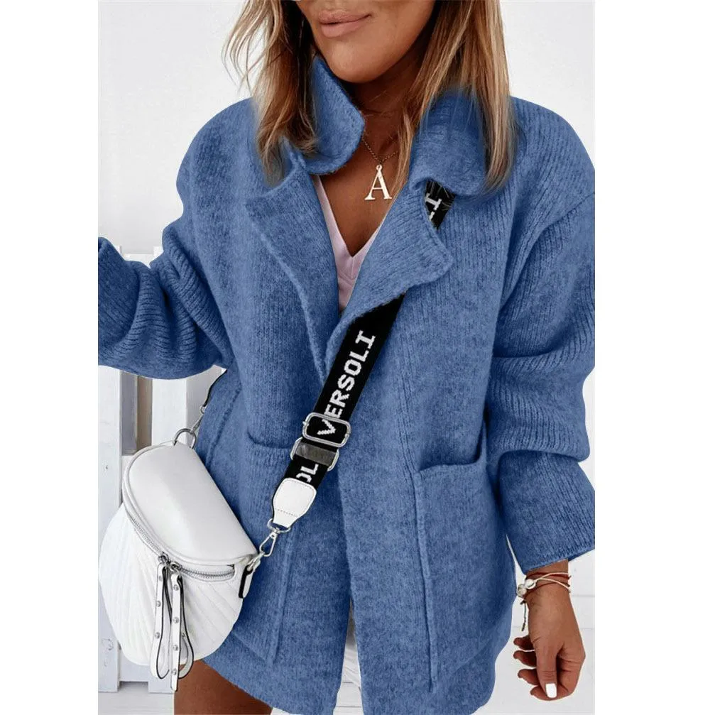 Women long sleeve v neck solid color pocket knitted cardigan