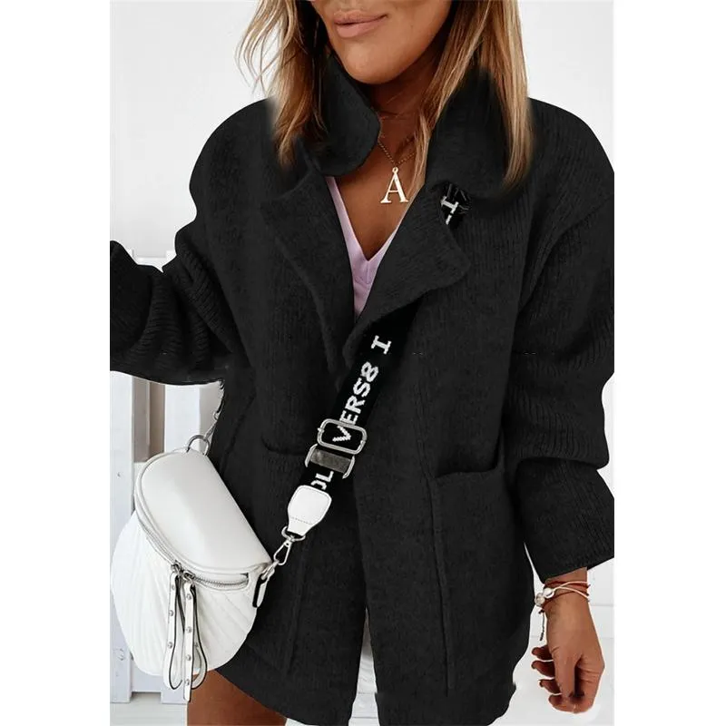 Women long sleeve v neck solid color pocket knitted cardigan