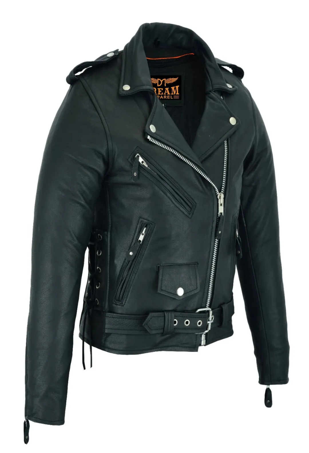 Women Motorcycle Classic Leather Jacket Premier Cowhide Leather Gun Pockets Side Laces