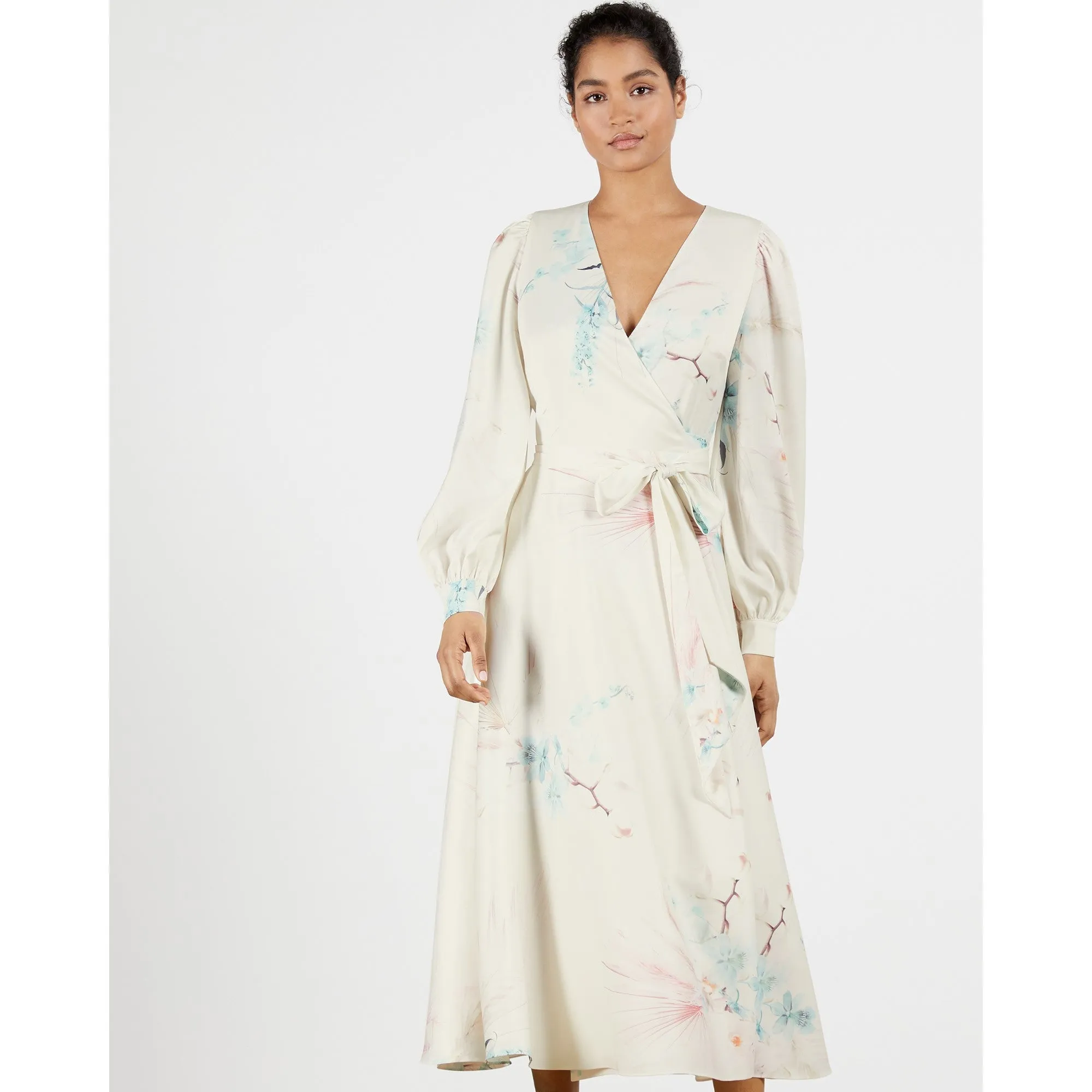 Women Wmd-Flosssi-Floral Wrap Long Sleeve Midi Dress - Natural