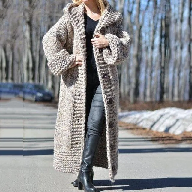 Women's chunky knitted cardigan sweater with button hooded oversized duster cardigan coat