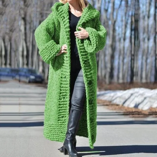 Women's chunky knitted cardigan sweater with button hooded oversized duster cardigan coat