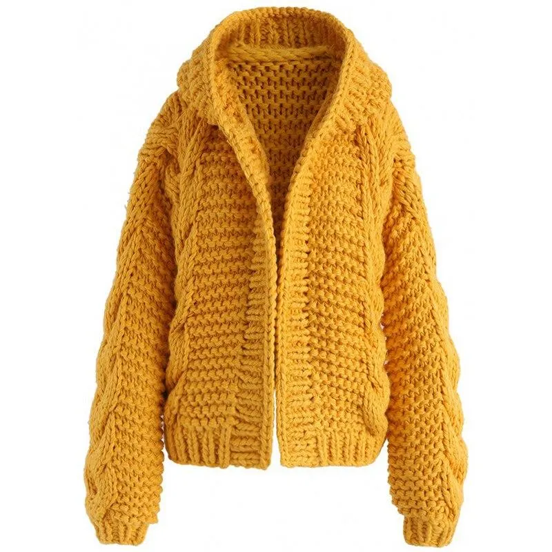 Women's hooded knitted cardigan sweater open front solid cardigan