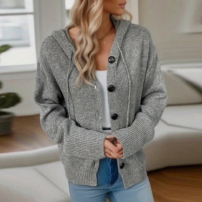 Women's knitted hooded cardigan with drawstring