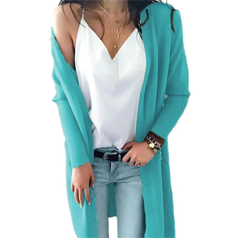 Women's open front long knitted cardigan sweater with pocket for fall/winter