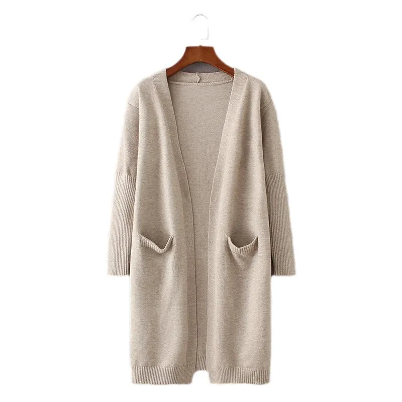 Women's open front long knitted cardigan sweater with pocket for fall/winter