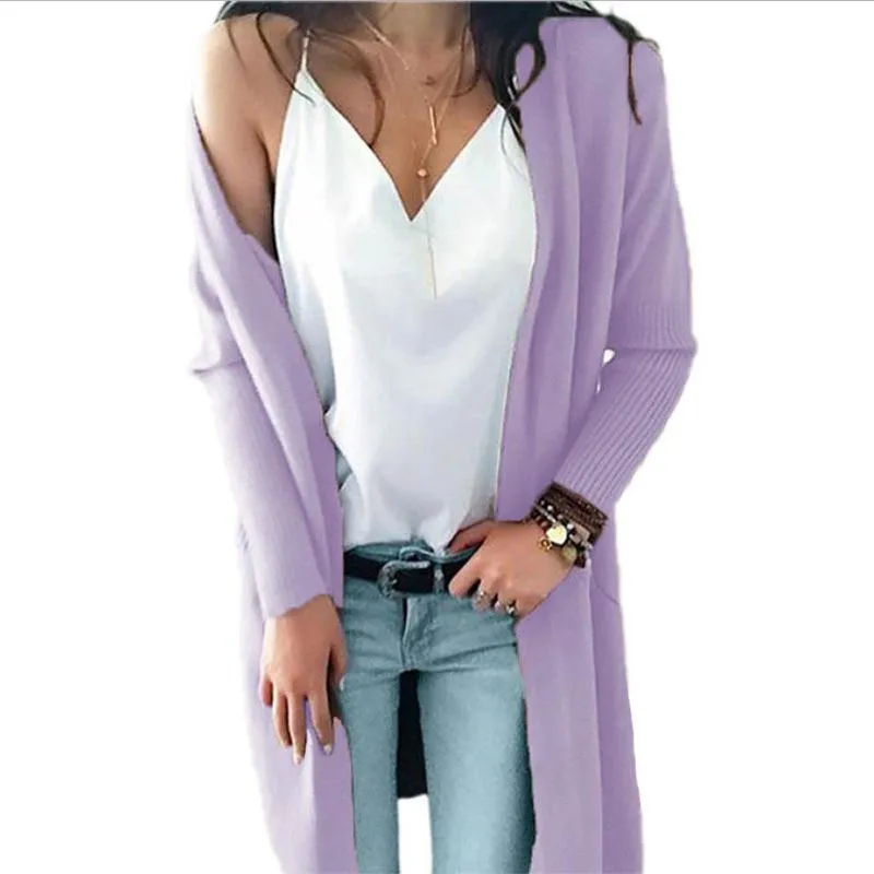 Women's open front long knitted cardigan sweater with pocket for fall/winter