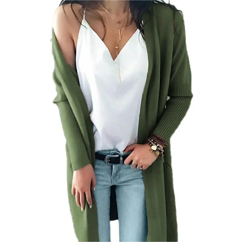 Women's open front long knitted cardigan sweater with pocket for fall/winter