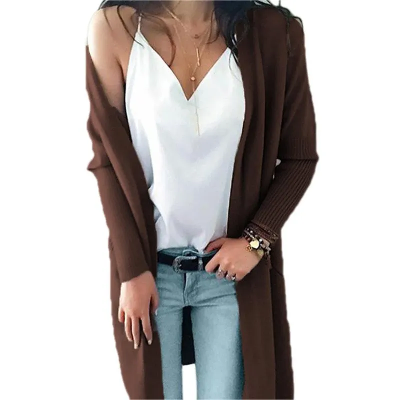 Women's open front long knitted cardigan sweater with pocket for fall/winter