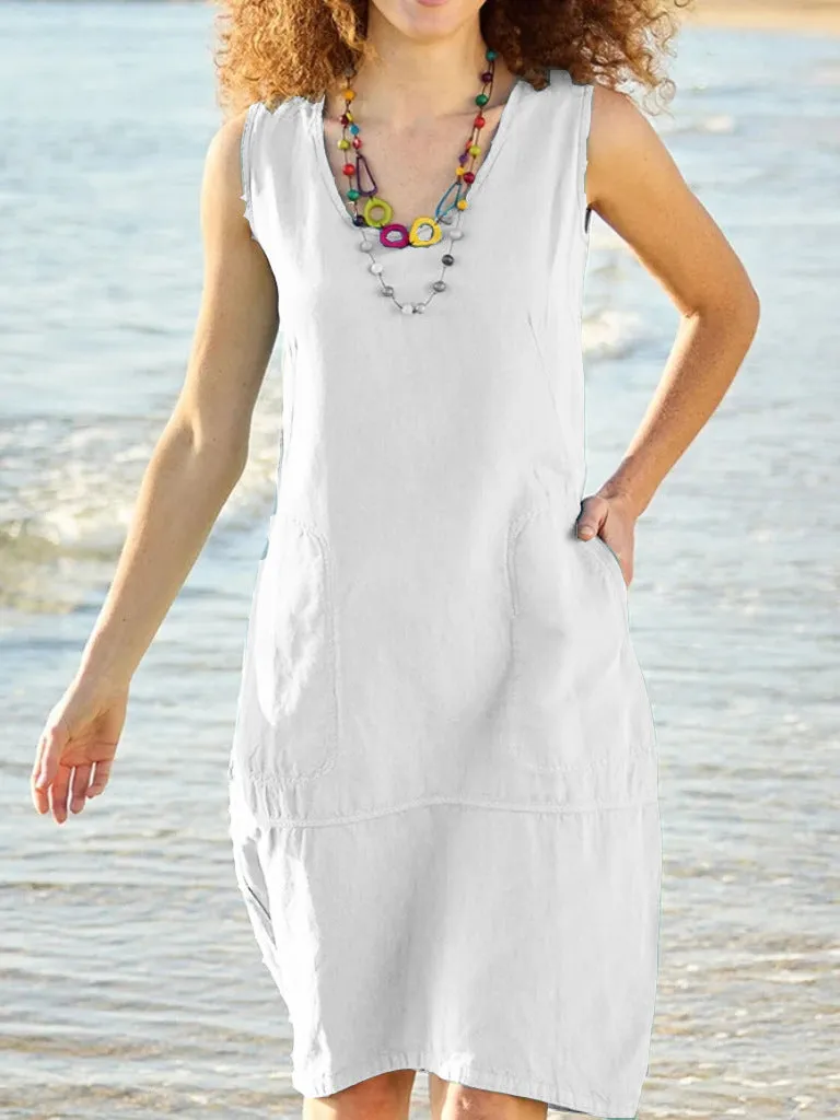 Women's Solid Color Cotton Linen U-collar Sleeveless Pocket Midi Dress