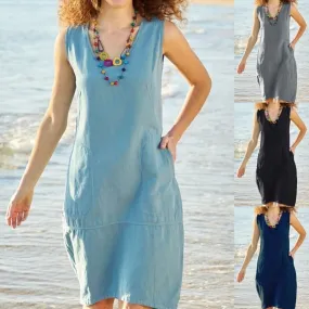 Women's Solid Color Cotton Linen U-collar Sleeveless Pocket Midi Dress