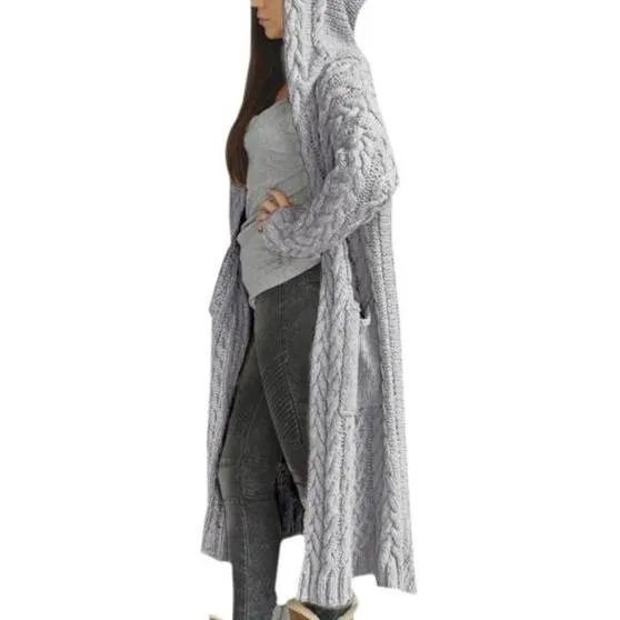 Womens's cable knit hooded long cardigan sweater open front chunky cardigan for winter