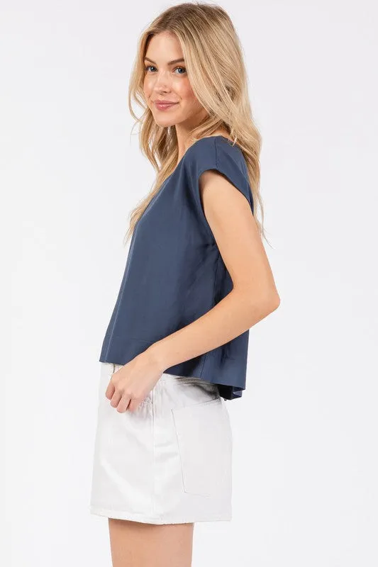 WOVEN BOXY TOP (MIDNIGHT BLUE)