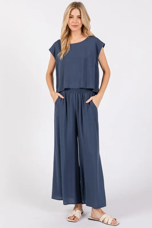 WOVEN BOXY TOP (MIDNIGHT BLUE)