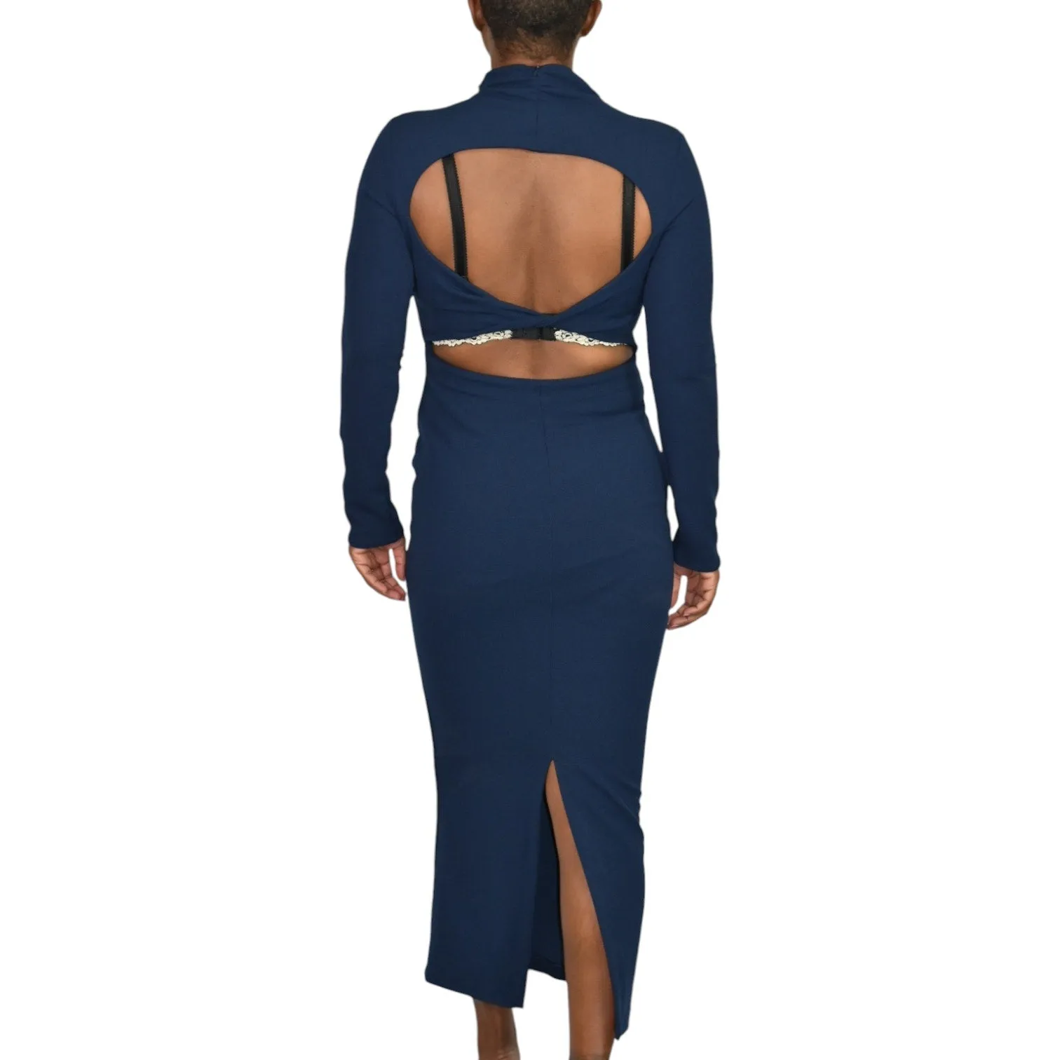 Zara Open Back Dress Blue Navy Crepe High Neck Long Sleeves Midi Column Straight Bodycon Size Small