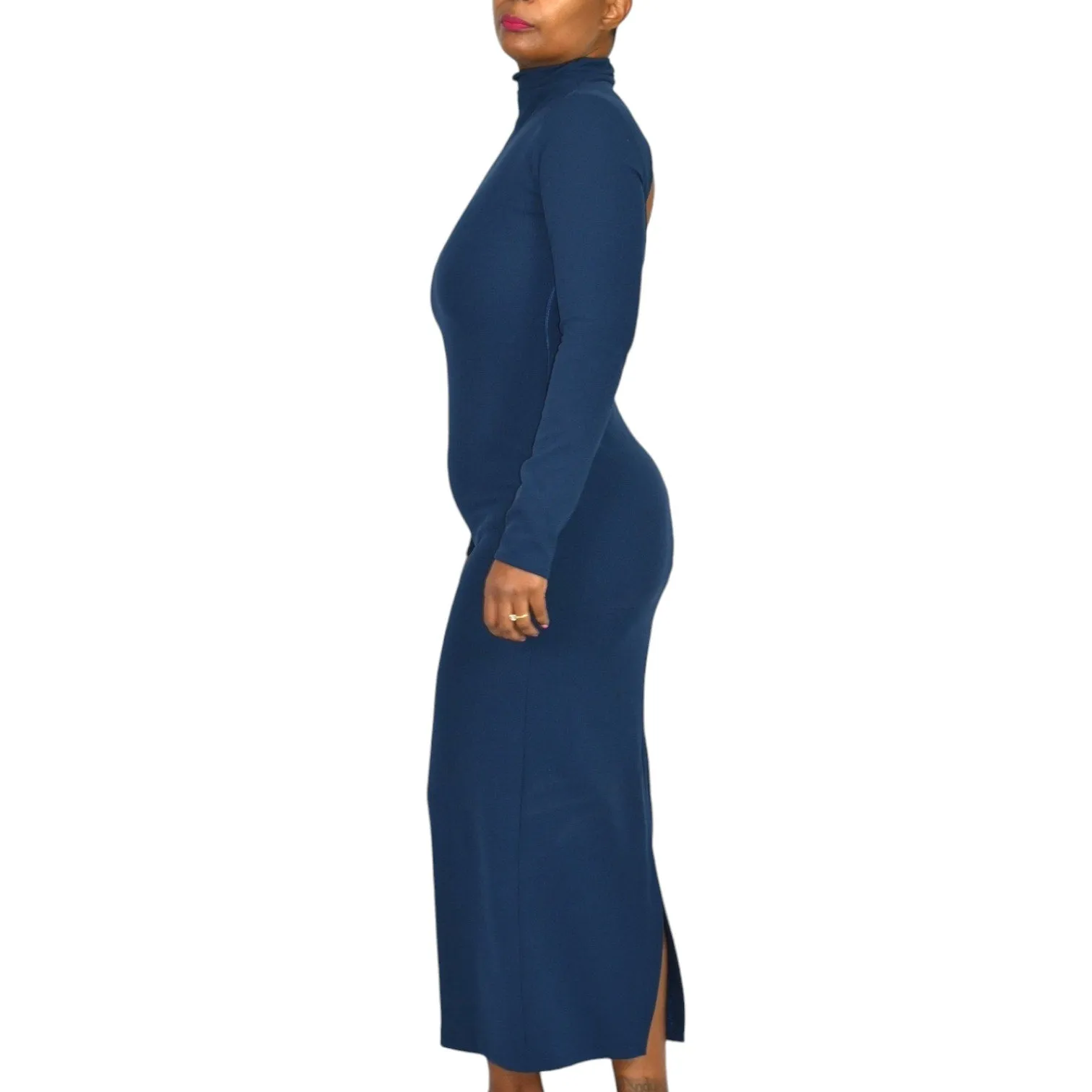 Zara Open Back Dress Blue Navy Crepe High Neck Long Sleeves Midi Column Straight Bodycon Size Small